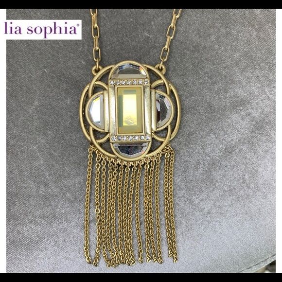 Lia Sophia COMPASS Necklace Rhinestones Gold Tone Chain Fringe 36" - Picture 1 of 9